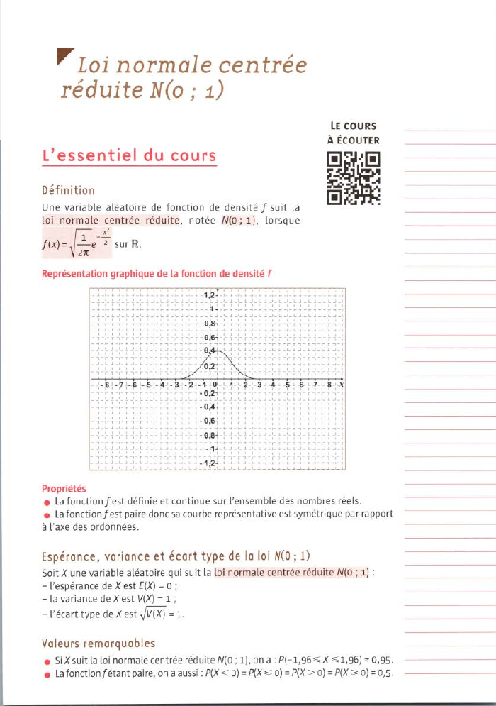 Prévisualisation du document ,,. Loi normale centrée
réduite N(o; 1)
LE COU RS

À ÉCOUTER

L'essentiel du cours
Définition
Une variable aléatoire de...