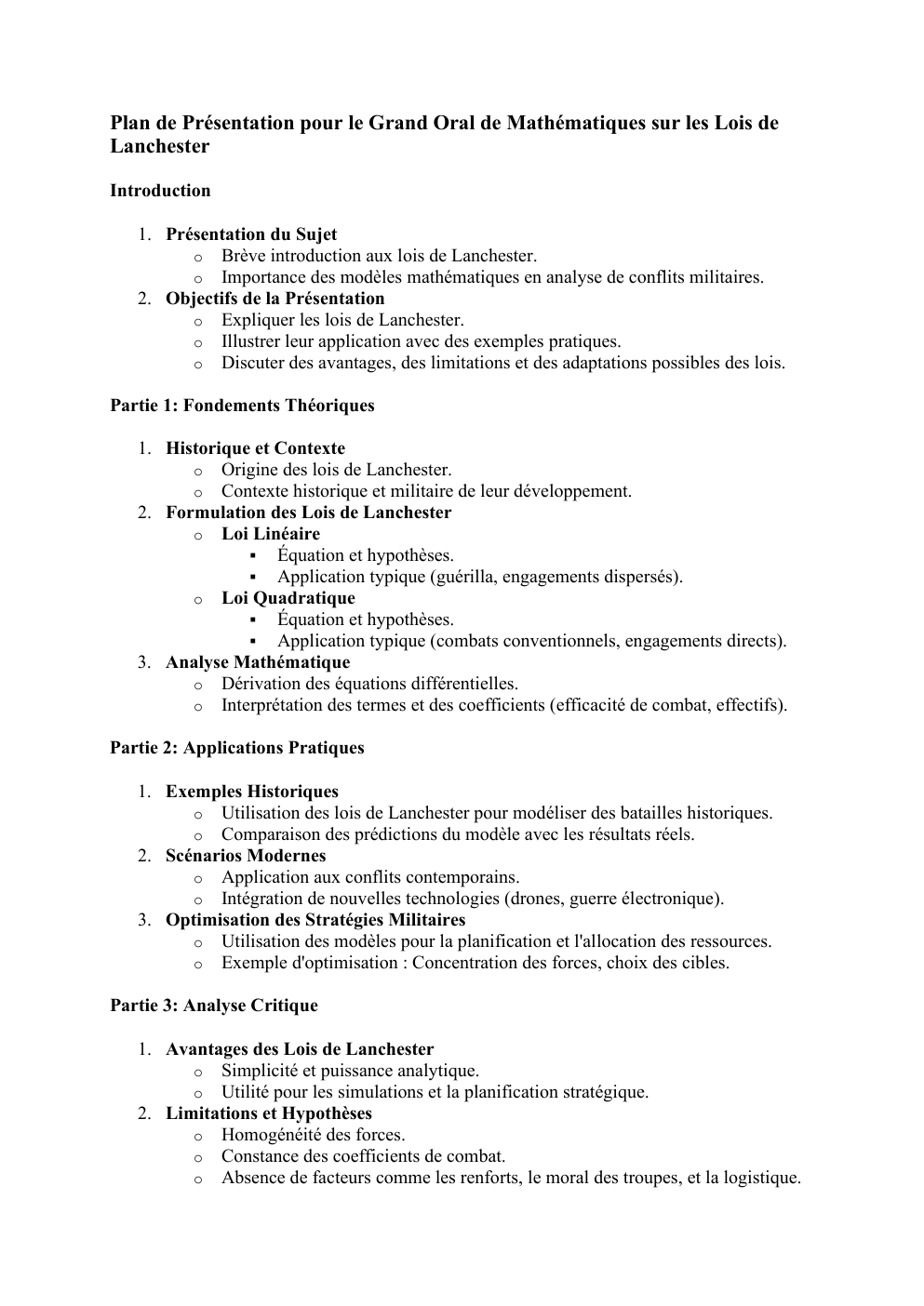 Prévisualisation du document Lois de Lanchester Grand Oral de Mathématiques