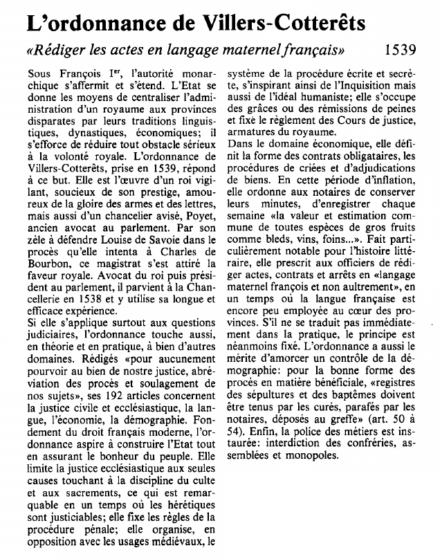 Prévisualisation du document L'ordonnance de Villers-Cotterêts«Rédiger les actes en langage maternel français».