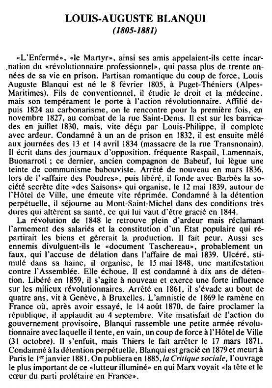 Prévisualisation du document LOUIS-AUGUSTE BLANQUI( 1805-1881) - BIOGRAPHIE
