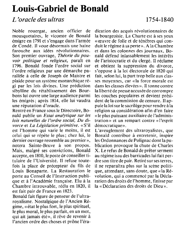 Prévisualisation du document Louis-Gabriel de Bonald:L'oracle des ultras.