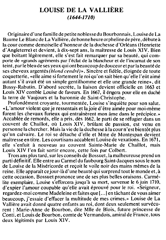 Prévisualisation du document LOUISE DE LA VALLIÈRE( 1644-1710) - BIOGRAPHIE.