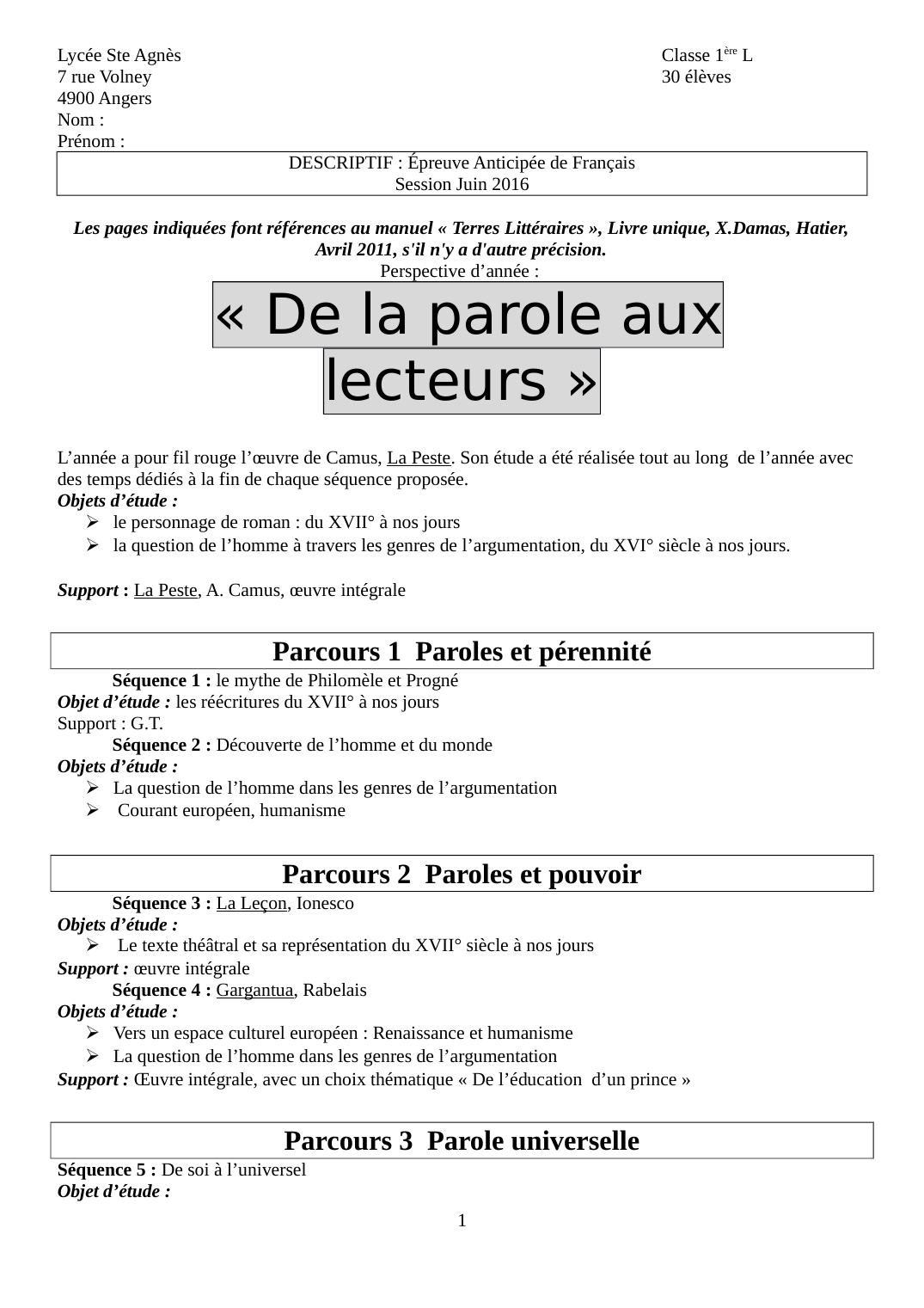 Prévisualisation du document Lycée Ste AgnèsClasse 1ère L7 rue