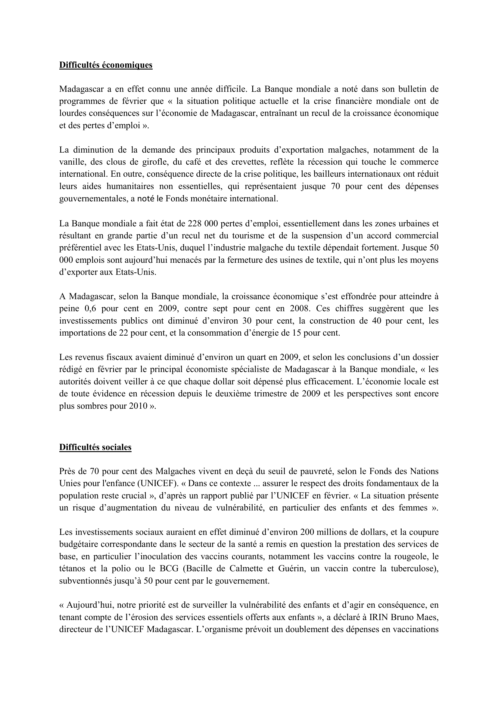 Prévisualisation du document MADAGASCAR ET SES  DECLIN DEPUIS LA CRISE POLITIQUE DE 2009 (histoire)