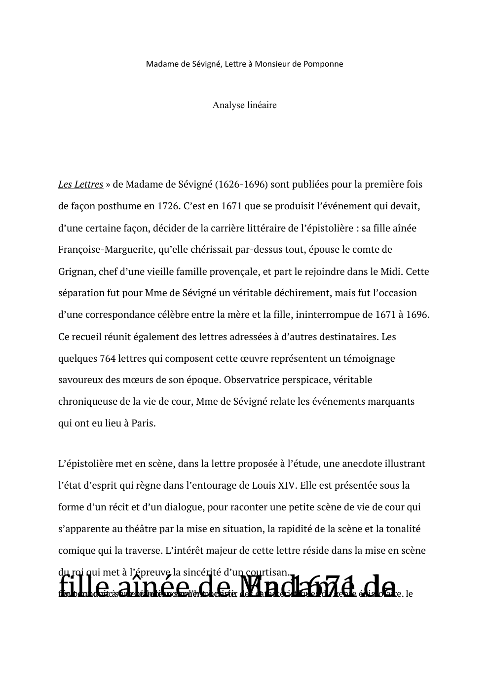 Prévisualisation du document Madame de Sévigné lettre à M. De Pomponne Analyse linéaire