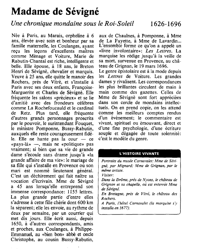 Prévisualisation du document Madame de SévignéUne chronique mondaine sous le Roi-Soleil.