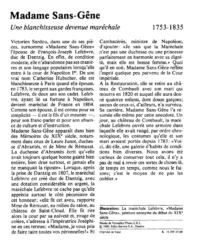 Prévisualisation du document Madame Sans-Gêne:Une blanchisseuse devenue maréchale.