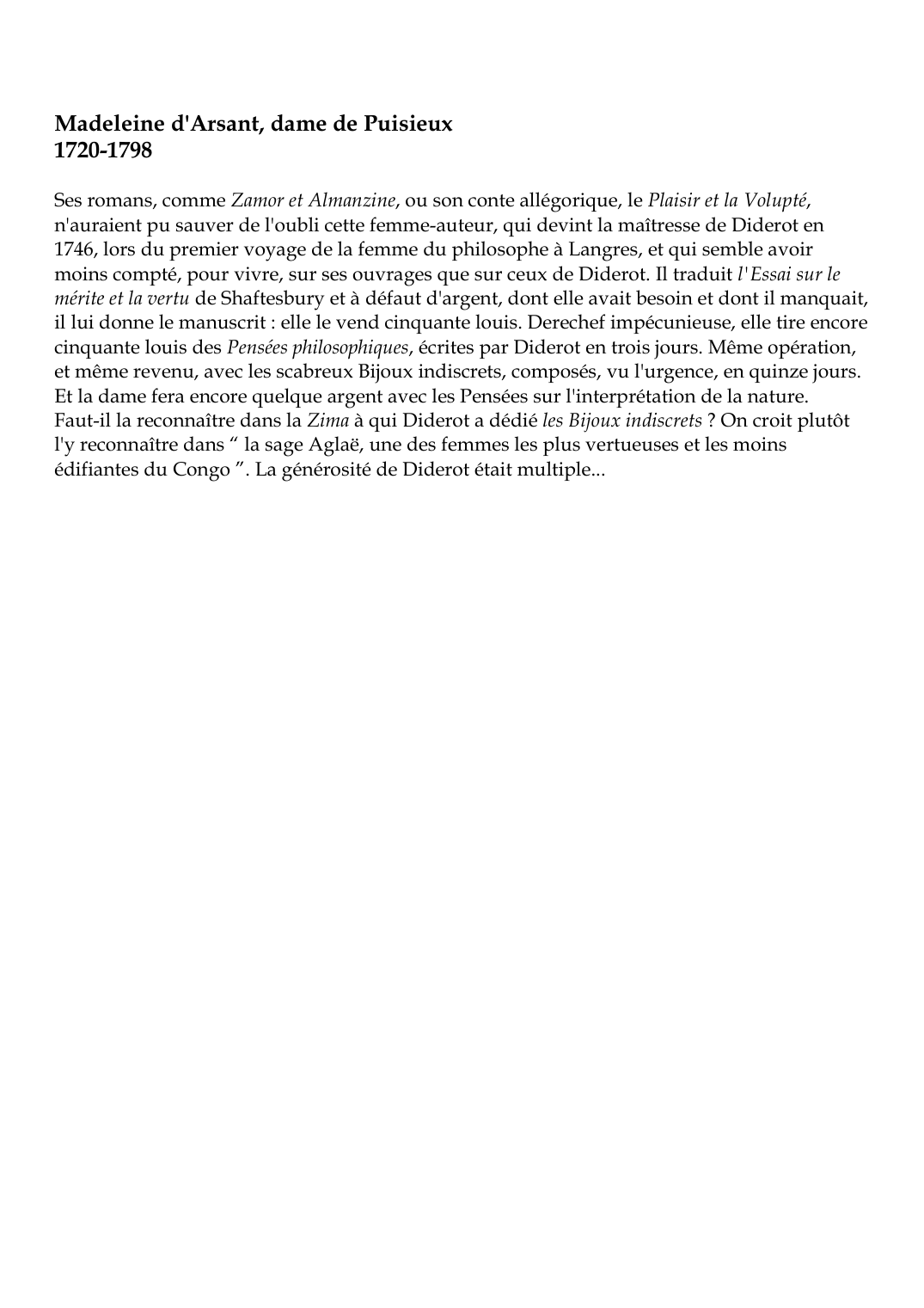Prévisualisation du document Madeleine d'Arsant, dame de Puisieux1720-1798Ses romans, comme Zamor et Almanzine,