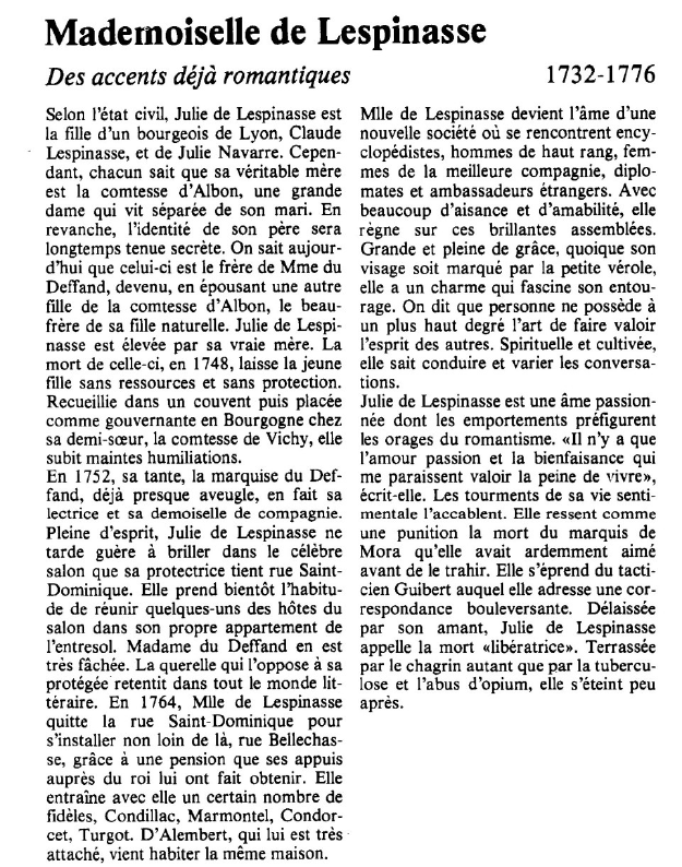 Prévisualisation du document Mademoiselle de Lespinasse:Des accents déjà romantiques.