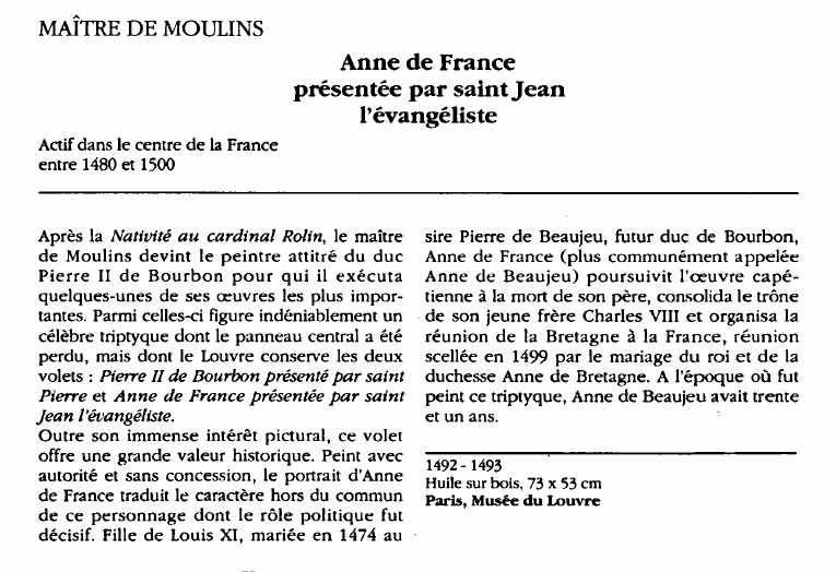 Prévisualisation du document MAÎTRE DE MOULINS:Anne de Franceprésentée par saint Jeanl'évangéliste (analyse du tableau).