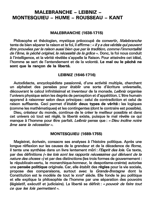 Prévisualisation du document MALEBRANCHE - LEIBNIZ -MONTESQUIEU - HUME - ROUSSEAU - KANT (fiche bac)