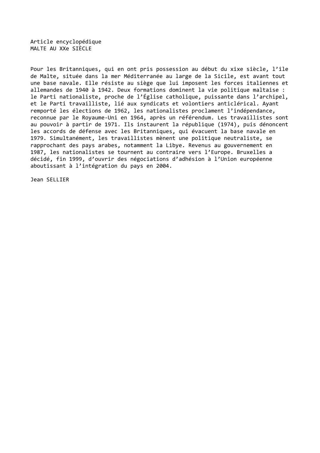 Prévisualisation du document MALTE AU XXe SIÈCLE