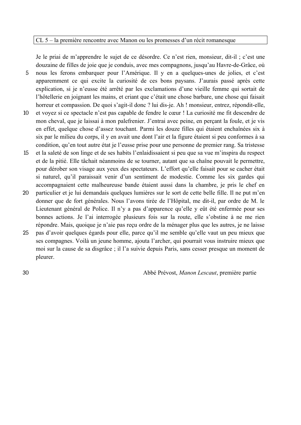 Prévisualisation du document Manon Lescaut - CL 5 – la première rencontre avec Manon ou les promesses d’un récit romanesque