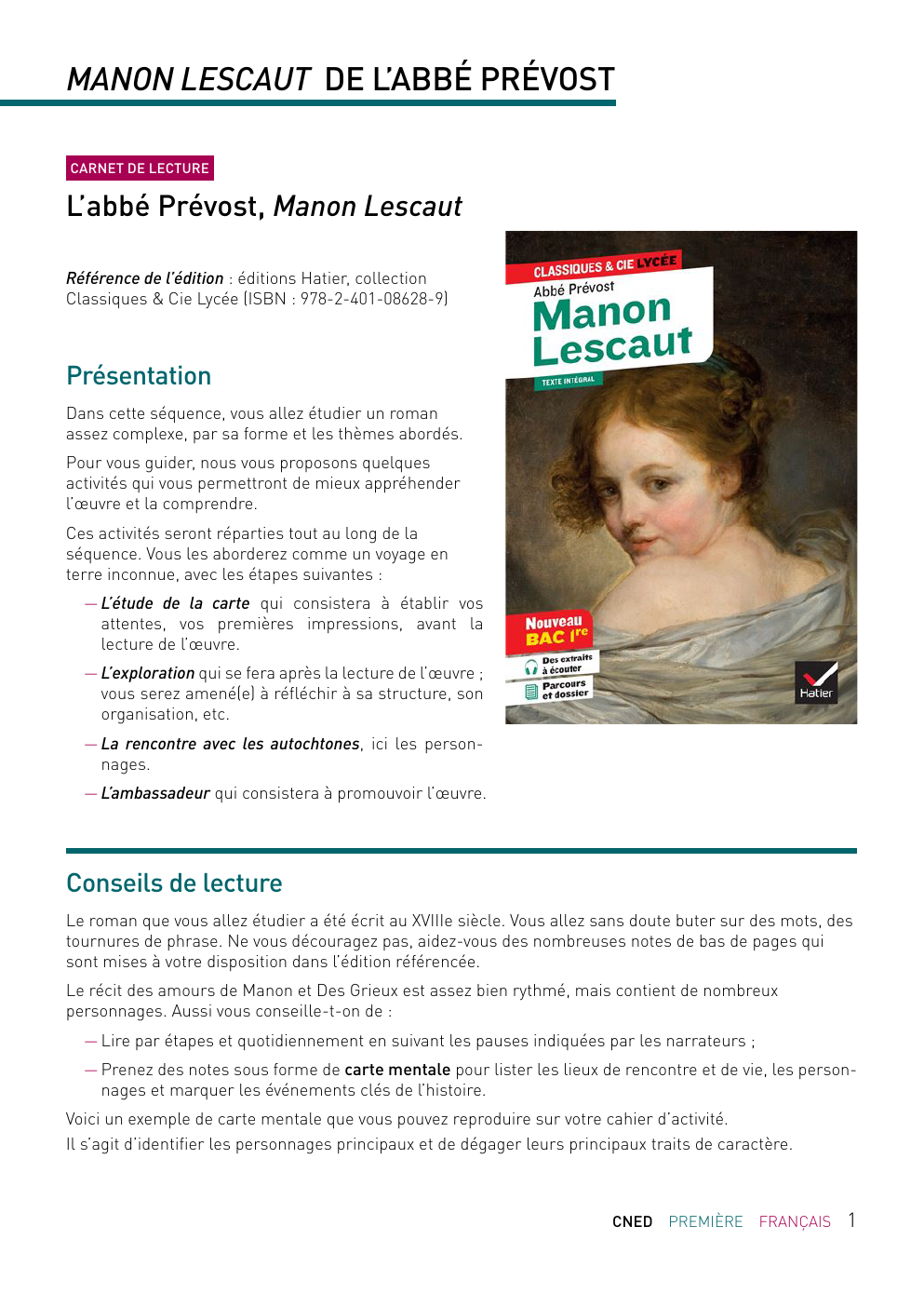 Prévisualisation du document MANON LESCAUT DE L’ABBÉ PRÉVOST - CARNET DE LECTURE