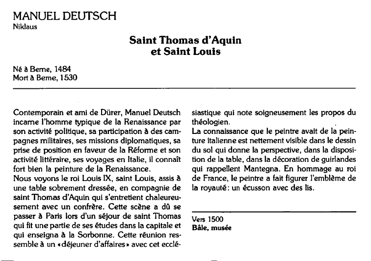 Prévisualisation du document MANUEL DEUTSCHNiklaus:Saint Thomas d'Aquinet Saint Louis (analyse du tableau).
