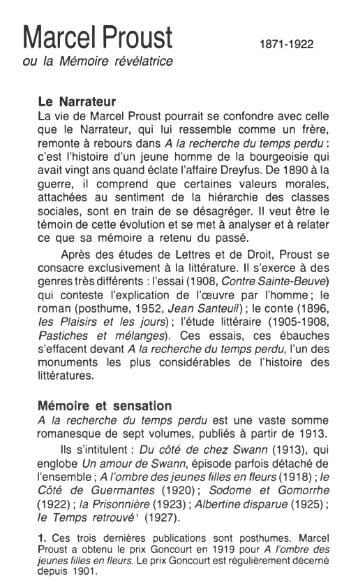 Prévisualisation du document Marcel Proust
ou la Mémoire révélatrice