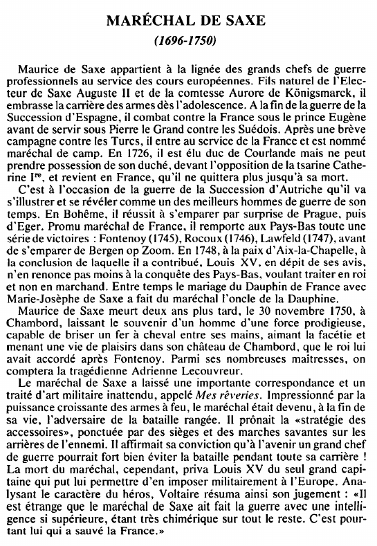 Prévisualisation du document MARÉCHAL DE SAXE(1696-1750) - BIOGRAPHIE.