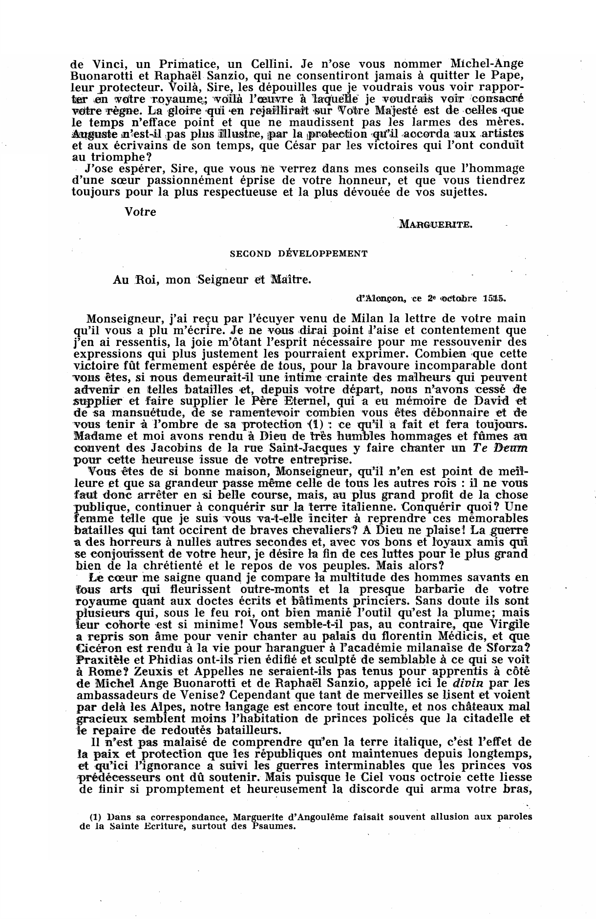 Prévisualisation du document Marguerite d'Angoulême à François Ier: Après la bataille de Marignan, elle écrit au roi son frère. Elle le félicite de sa victoire, puis elle l'invite à des conquêtes plus pacifiques : celles de la science et de l'art.