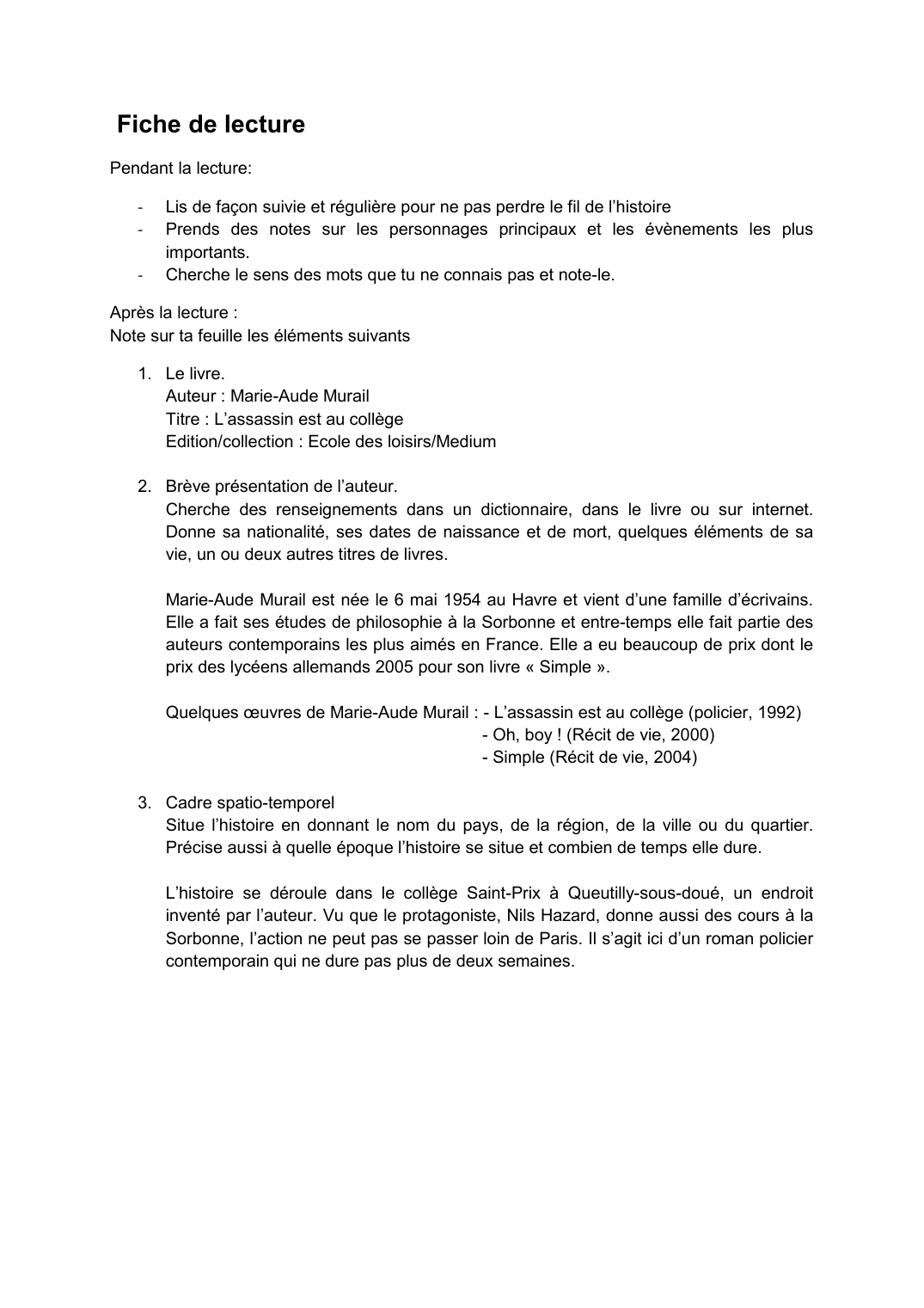 Prévisualisation du document Marie-Aude Murail : L'assassin est au collège (fiche de lecture)