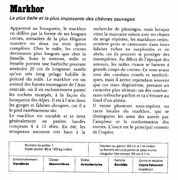Prévisualisation du document Markhor:La plus belle et la plus imposante des chèvres sauvages.