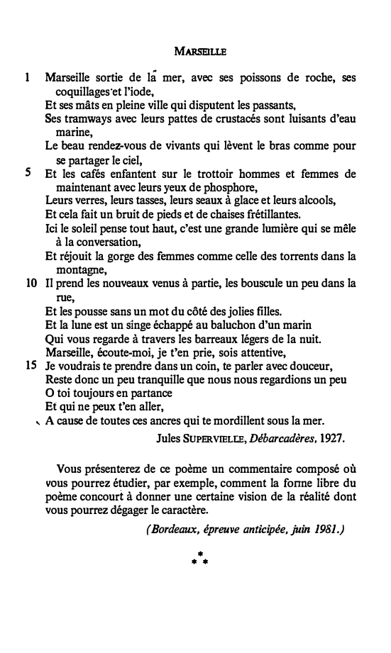 Prévisualisation du document MARSEILLE - Jules Supervielle, Débarcadères - commentaire
