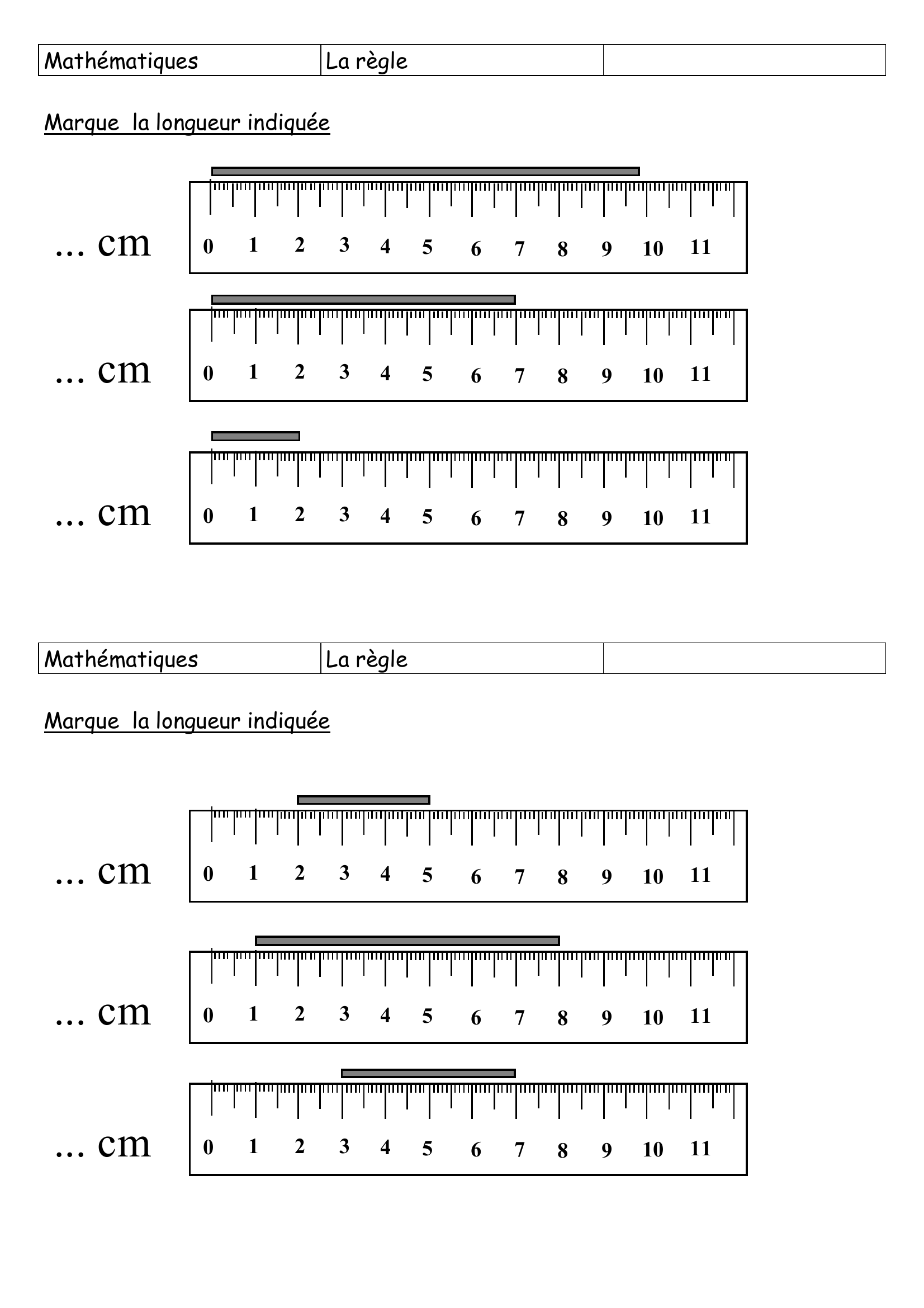 Prévisualisation du document Mathématiques

La règle

Colorie les bandes selon la longueur indiqué

9 cm

0

1

2

3

4

5

6

7

8

9

10

11

5 cm

0

1

2

3

4

5

6

7

8

9

10

11

11