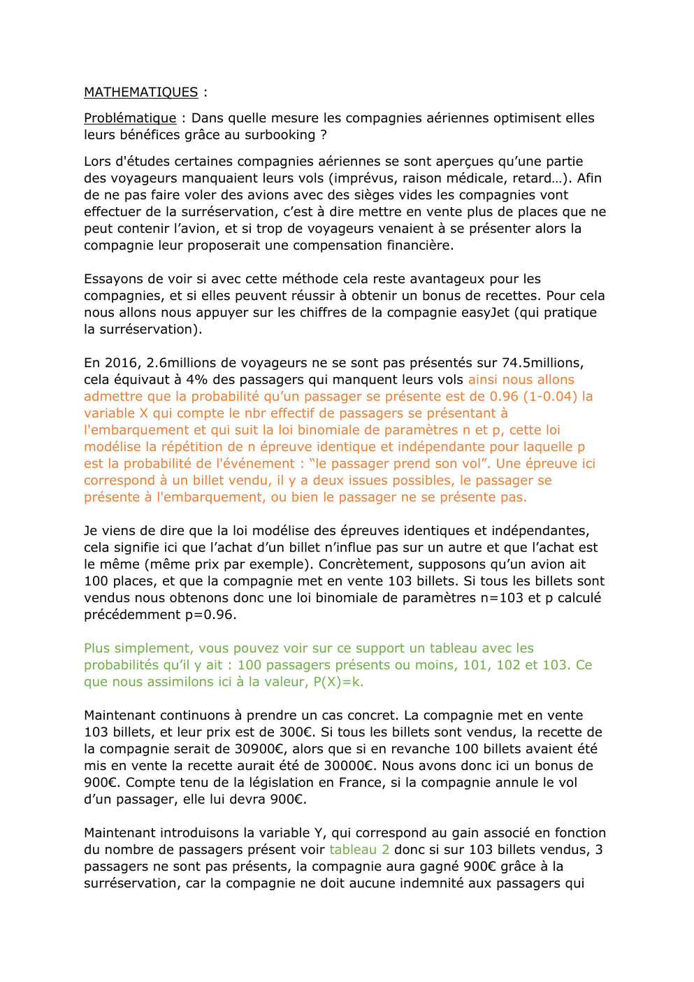 Prévisualisation du document MATHEMATIQUES : Problématique : Dans quelle mesure les compagnies aériennes optimisent elles leurs bénéfices grâce au surbooking ?