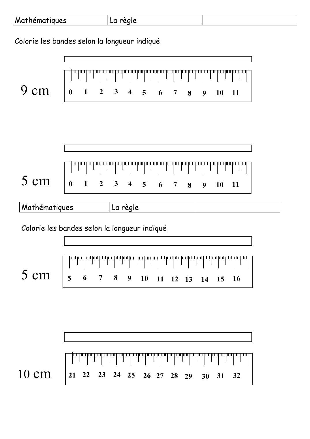 Prévisualisation du document MathématiquesLa règleColorie les bandes selon la longueur indiqué9 cm012345678910115 cm0123456789101111
