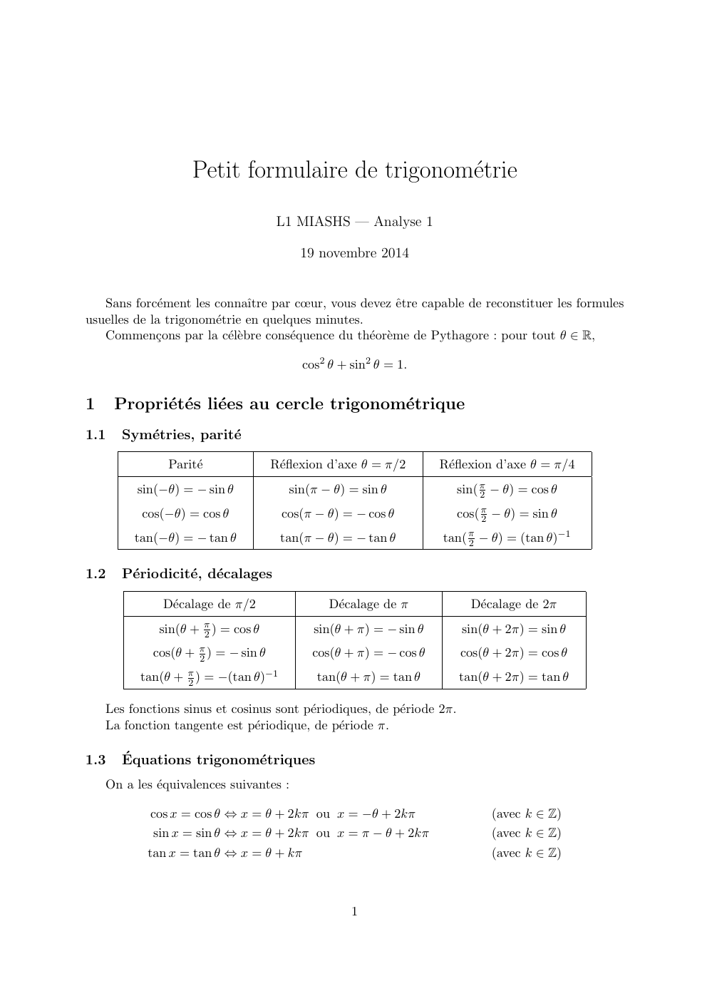 Prévisualisation du document Maths Première Petit formulaire de trigonométrie