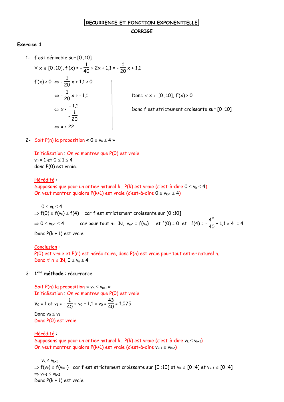 Prévisualisation du document maths suite exo corrigé RECURRENCE ET FONCTION EXPONENTIELLE CORRIGE