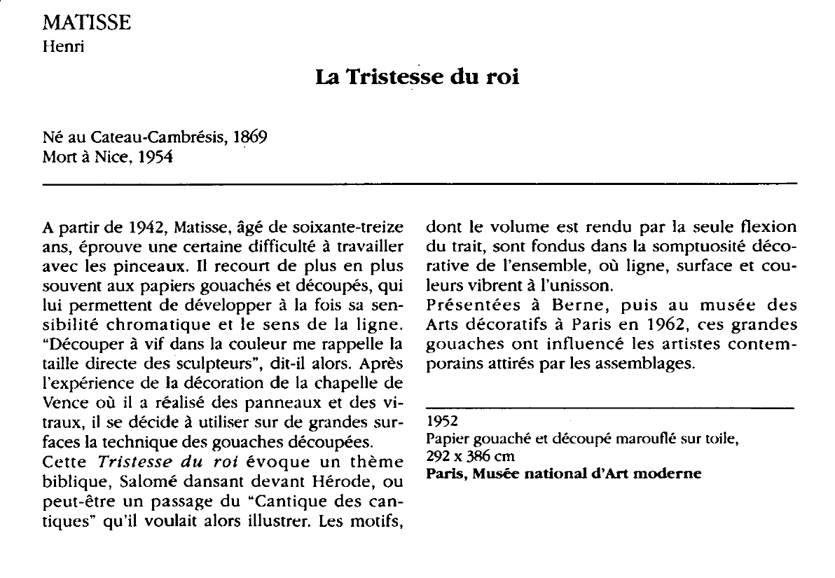 Prévisualisation du document MATISSE Henri : La Tristesse du roi