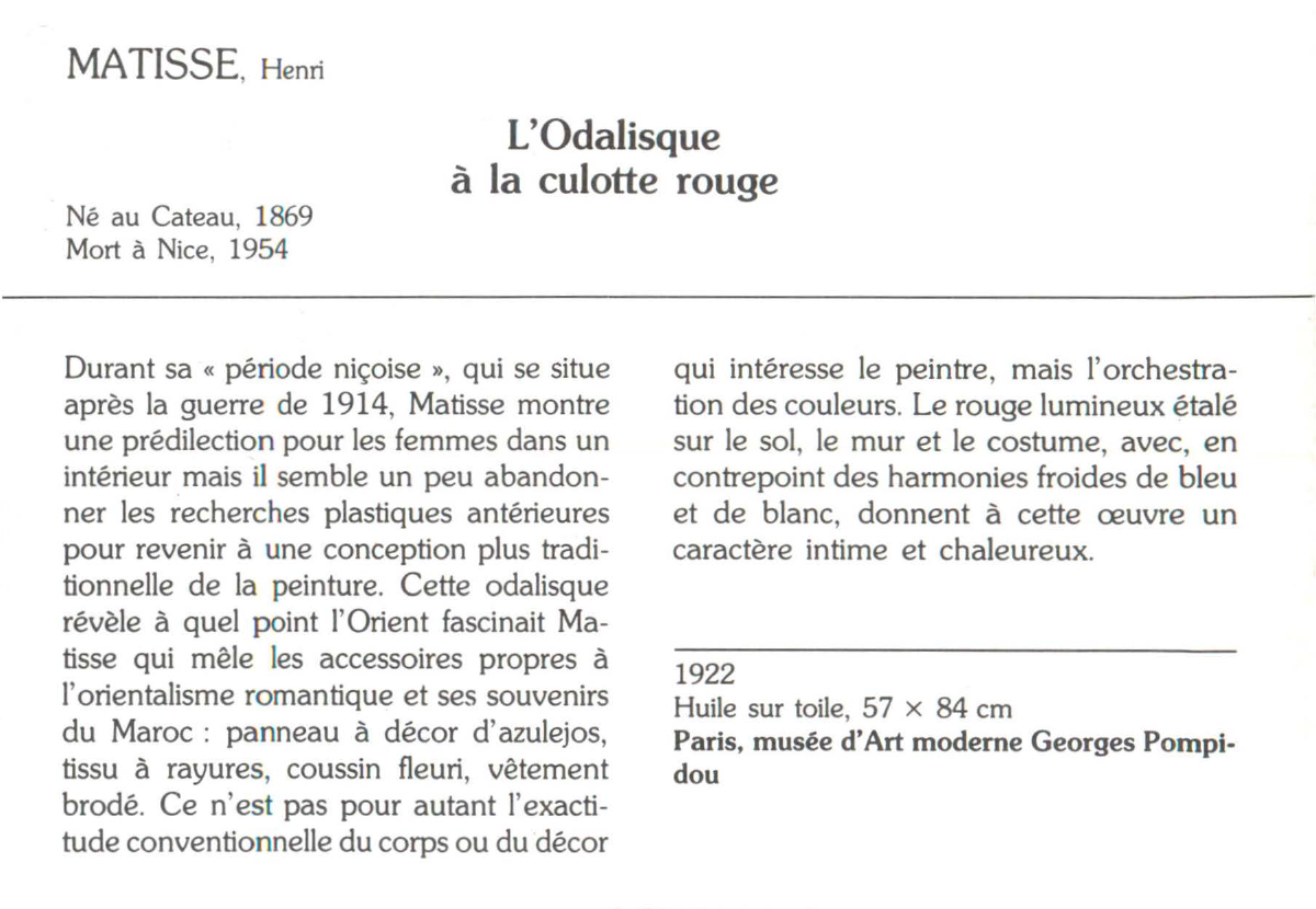 Prévisualisation du document MATISSE, Henri : L'Odalisque à la culotte rouge
