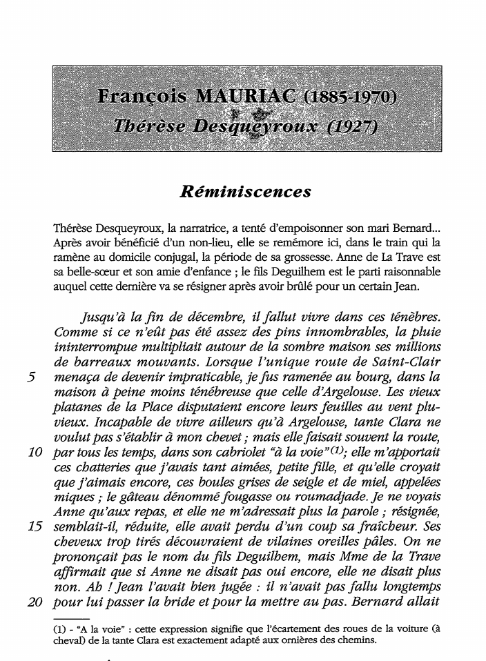 Prévisualisation du document Mauriac: Thérèse Desqueyroux - Réminiscences (commentaire)