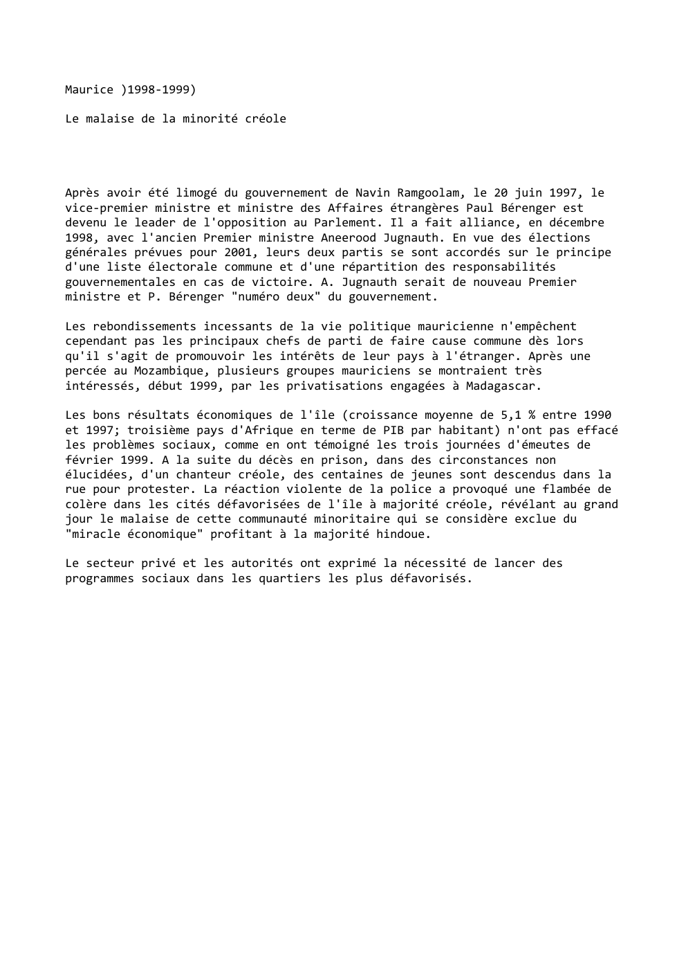Prévisualisation du document Maurice )1998-1999)
Le malaise de la minorité créole

Après avoir été limogé du gouvernement de Navin Ramgoolam, le 20 juin...
