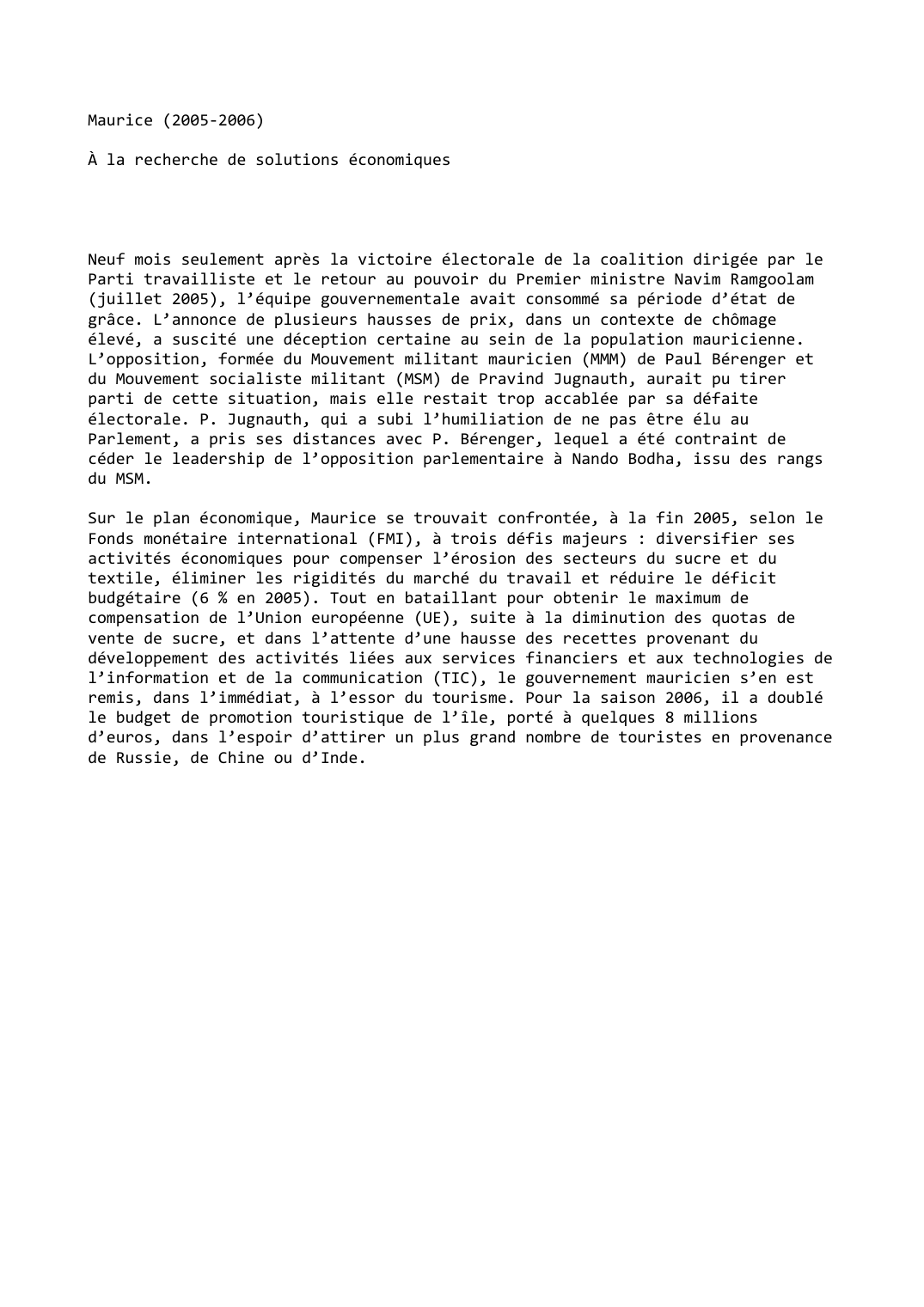 Prévisualisation du document Maurice (2005-2006)

À la recherche de solutions économiques