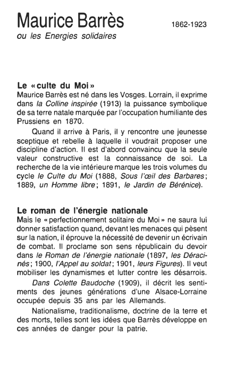 Prévisualisation du document Maurice Barrès1862-1923ou les Energies solidairesLe « culte du Mol »Maurice Barrès est né dans les Vosges....