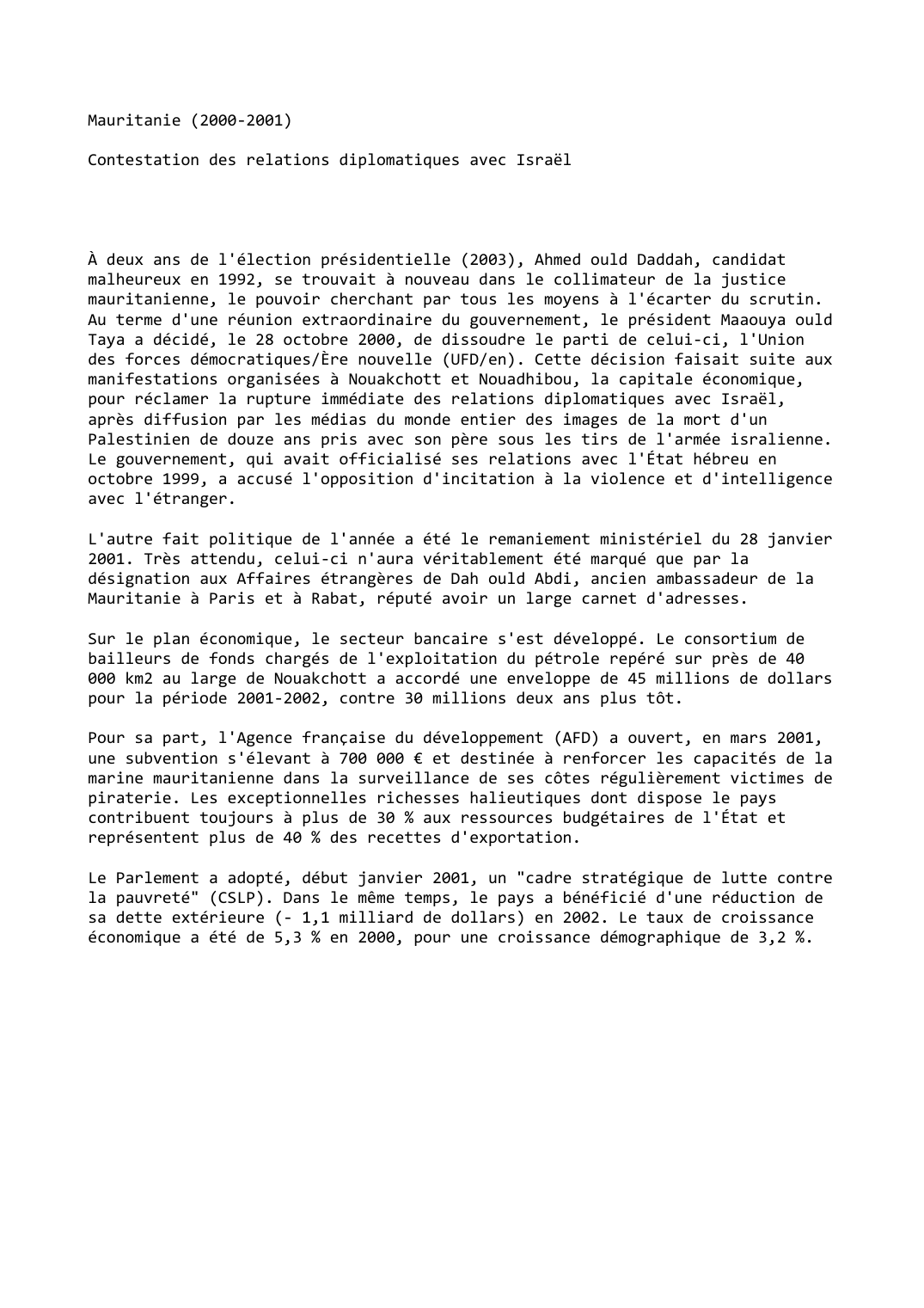 Prévisualisation du document Mauritanie (2000-2001)

Contestation des relations diplomatiques avec Israël
