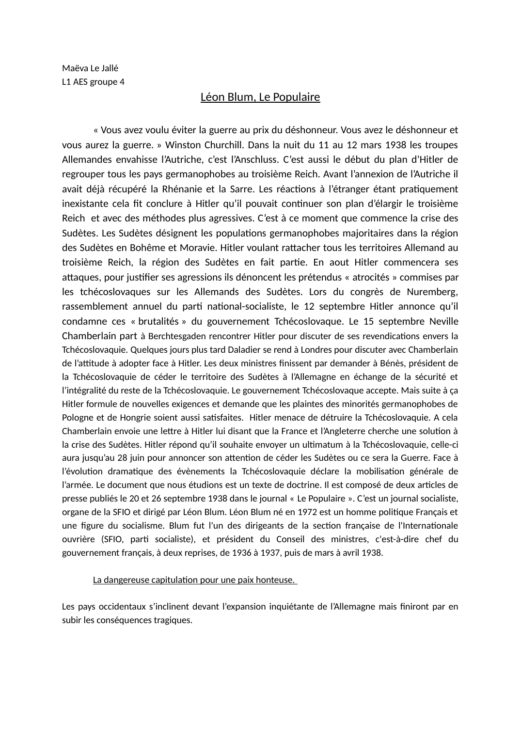 Prévisualisation du document Maëva Le JalléL1 AES groupe 4 Léon Blum, Le Populaire« Vous avez voulu éviter la guerre au prix du déshonneur.