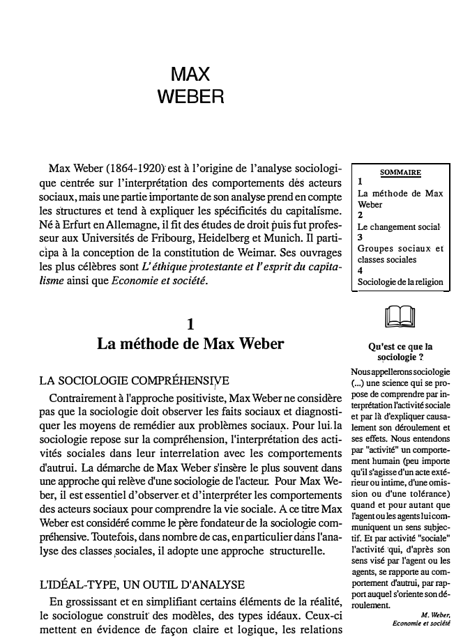 Prévisualisation du document MAX

WEBER

Max Weber(1864-1920}est à l'origine de l'analyse sociologi­
que centrée sur l'interprétation des comportements des acteurs
sociaux, mais une...