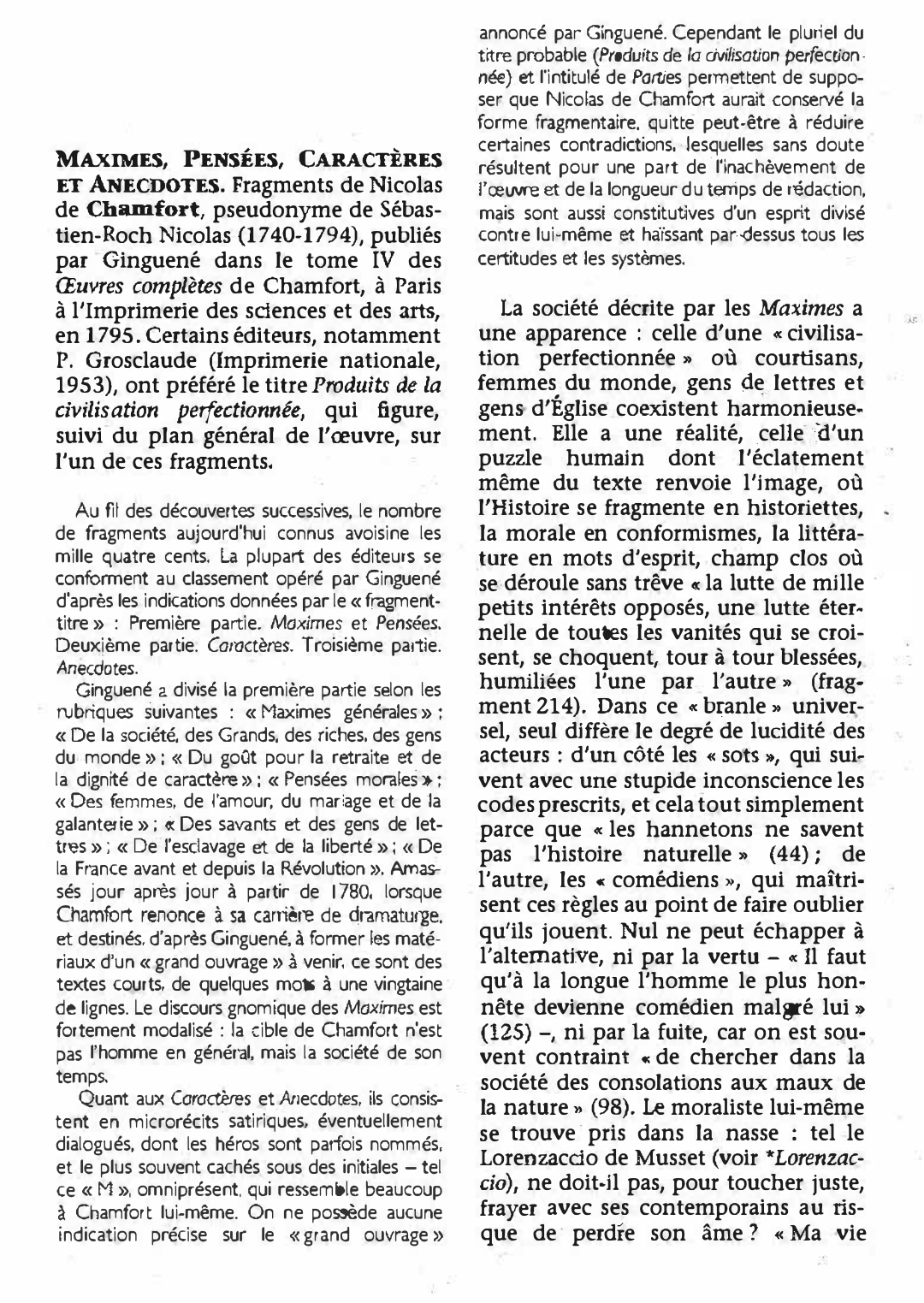 Prévisualisation du document MAXIMES, PENSÉES, CARACTÈRES ET ANECDOTES de Nicolas de Chamfort (résumé)