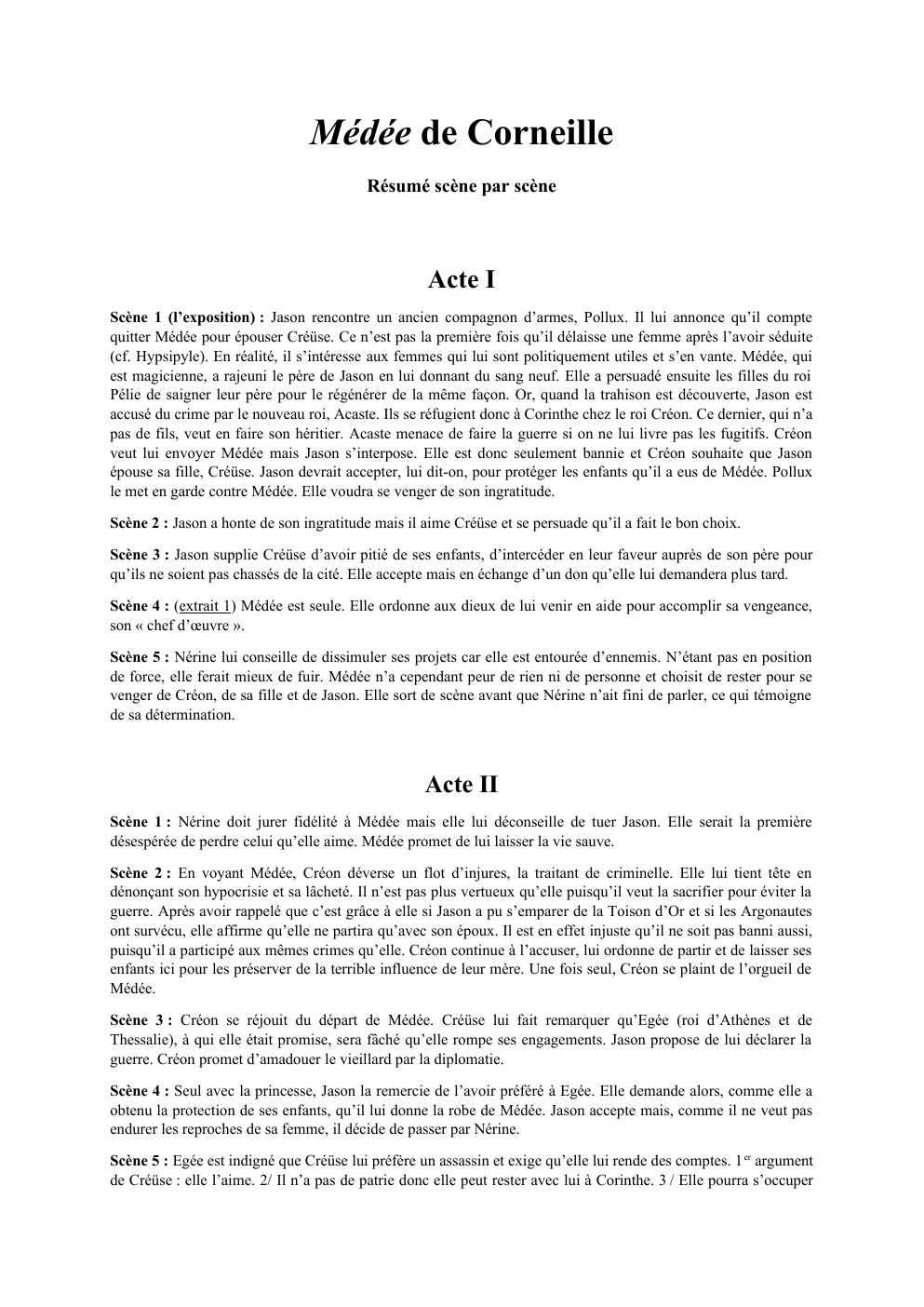 Médée de Corneille Résumé scène par scène