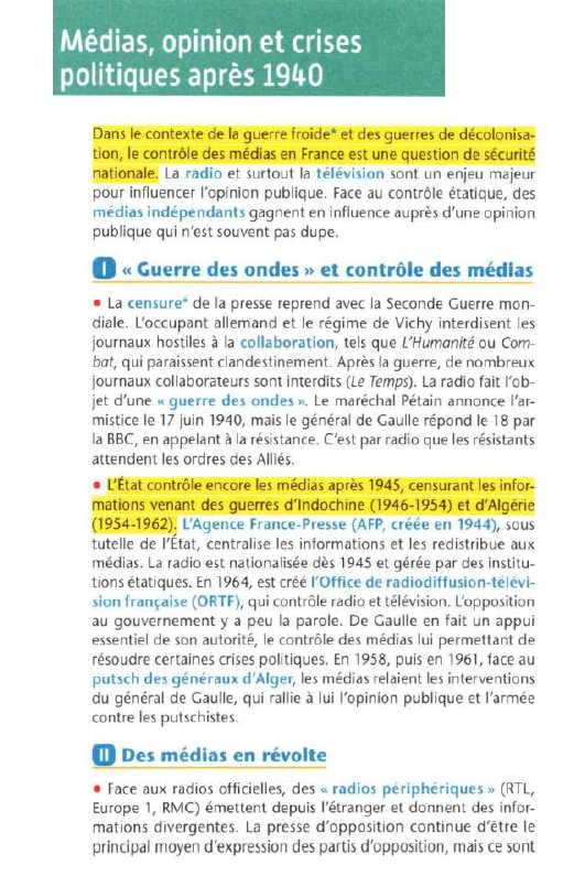 Prévisualisation du document Médias, opinion et crises
politiques après 1940
Dans le contexte de la guerre froide* et des guerres de décolonisation, le...