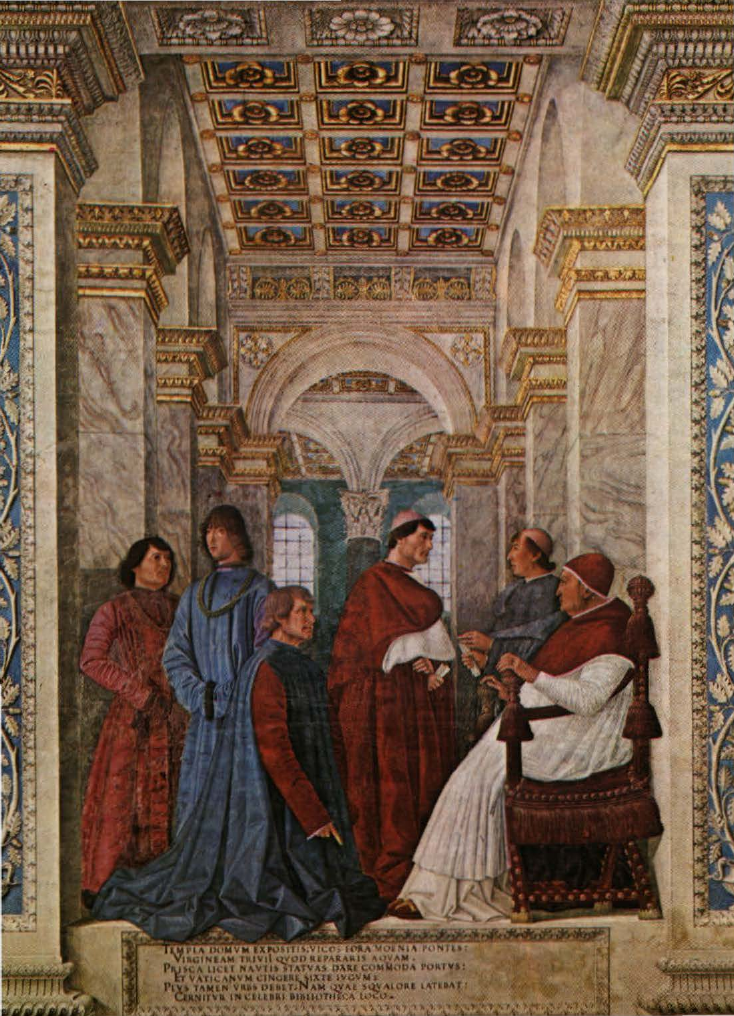 Prévisualisation du document MELOZZO DA FORLI Michelozzo degli Ambrogi, dit: Sixte IV nomme Platina préfet Vaticane (analyse du tableau).