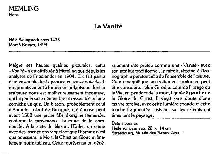 Prévisualisation du document MEMLINGHans:La Vanité (analyse du tableau).