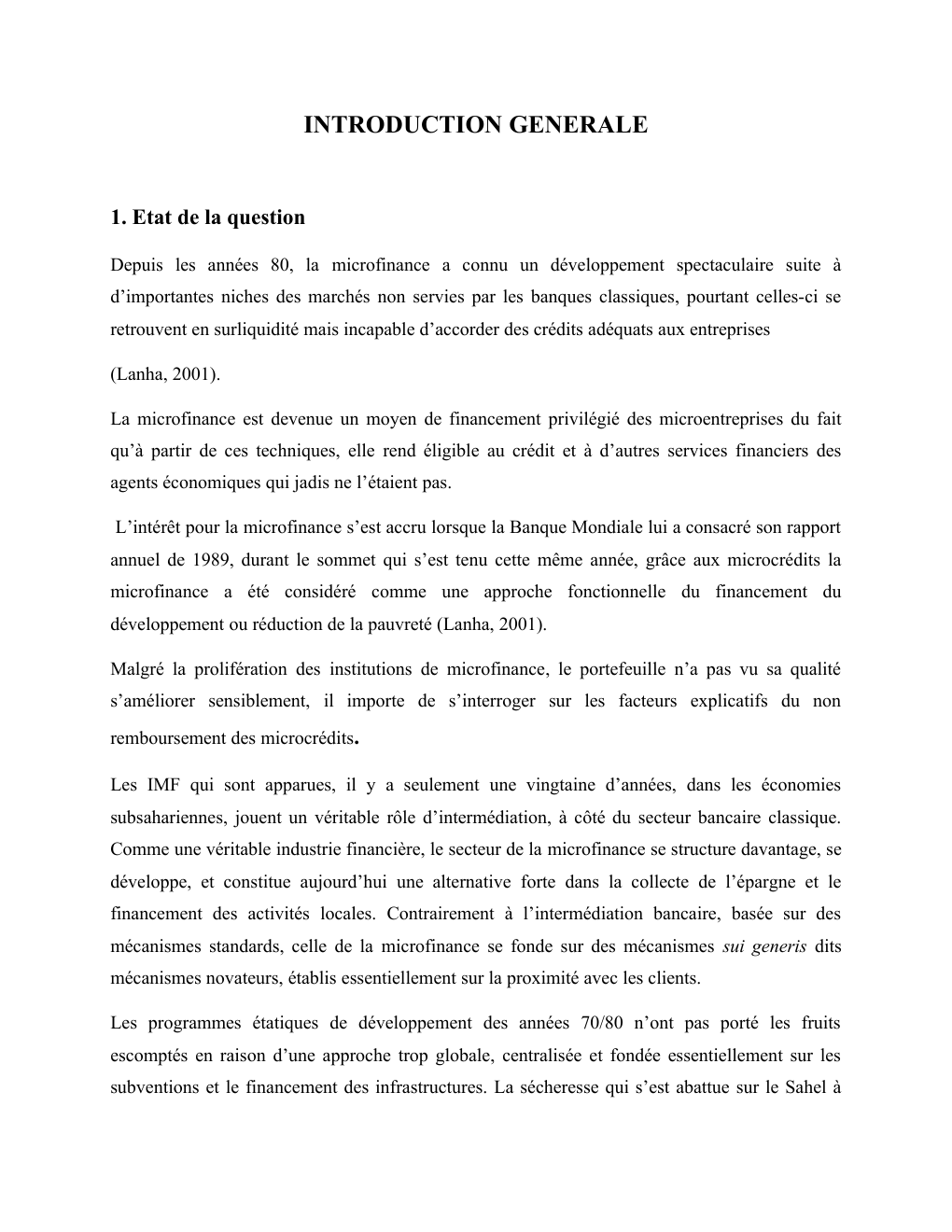 Prévisualisation du document Mémoire de Master: la microfinance