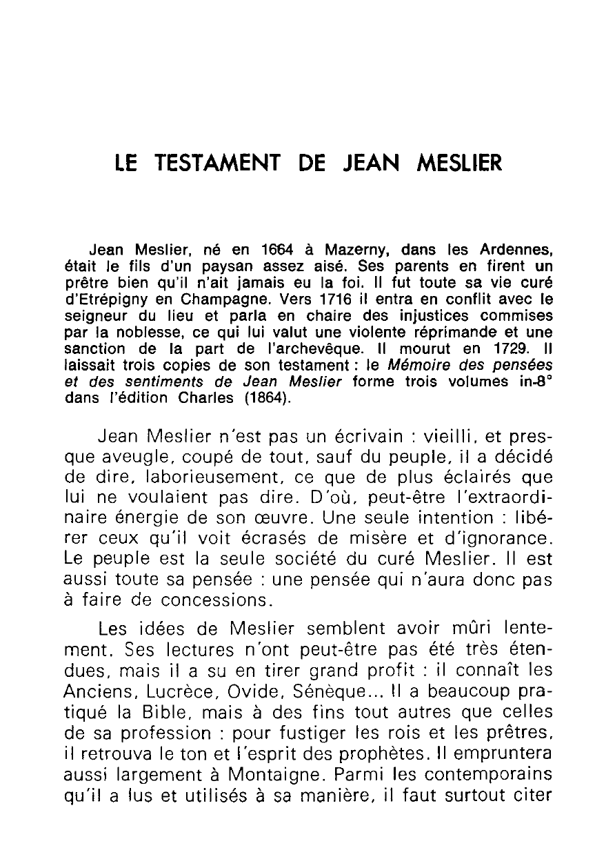 Prévisualisation du document MÉMOIRE DES PENSÉES ET DES SENTIMENTS DE JEAN MESLIER Jean Meslier. Pamphlet (résumé)