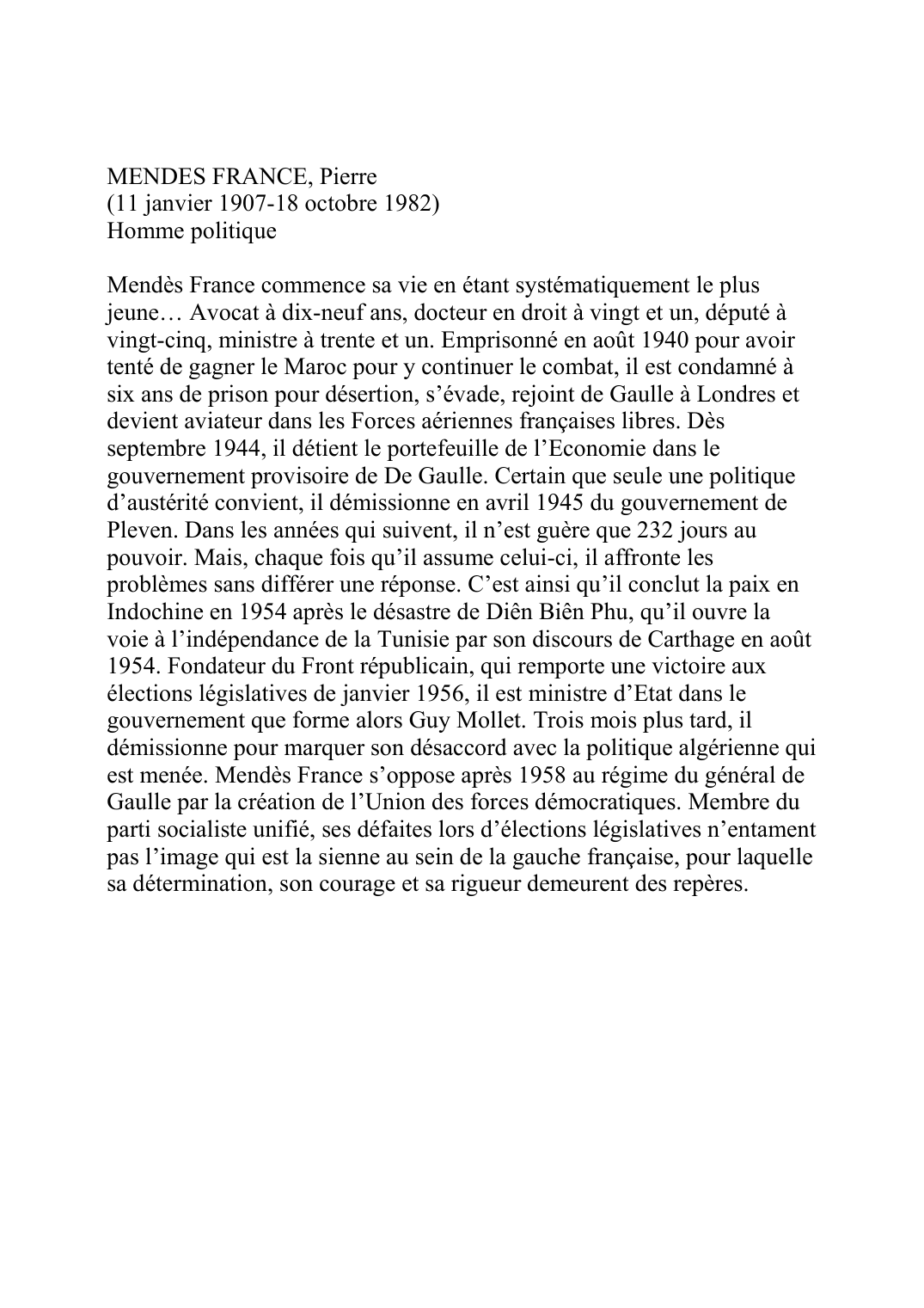 Prévisualisation du document MENDES FRANCE, Pierre (11 janvier 1907-18 octobre 1982)