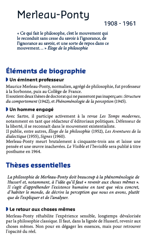 Prévisualisation du document Merleau-Ponty

1908 -1961

« Ce qui fait le philosophe, c6t le mouvement qui
le reconduit sans cesse du savoir à...