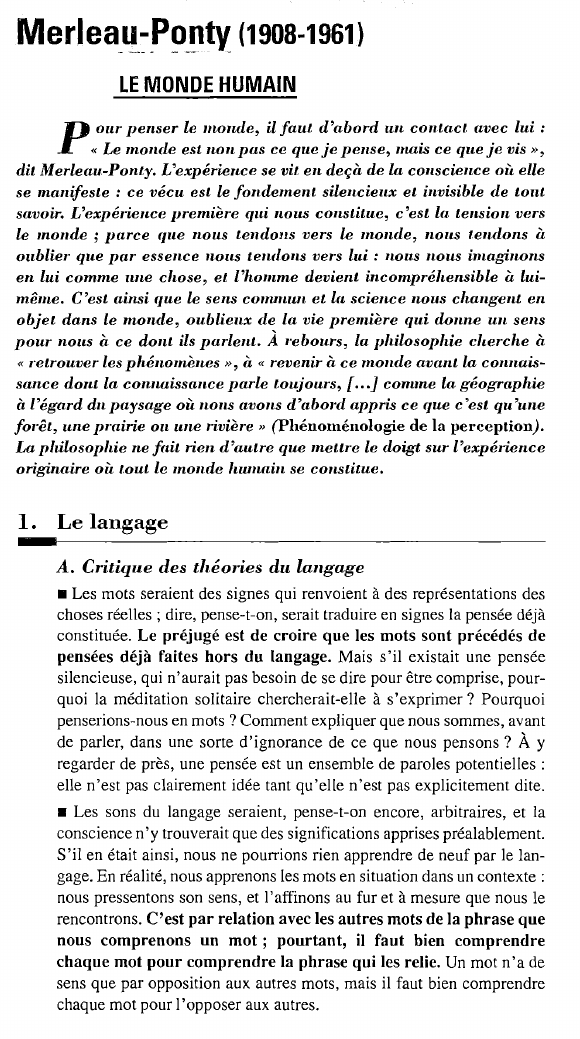 Prévisualisation du document Merleau-Ponty (1908-1961 ): LE MONDE HUMAIN
