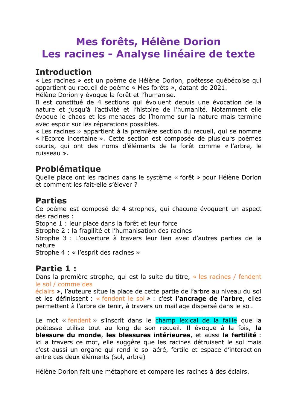 Prévisualisation du document Mes forêts, Hélène Dorion Les racines - Analyse linéaire de texte Introduction